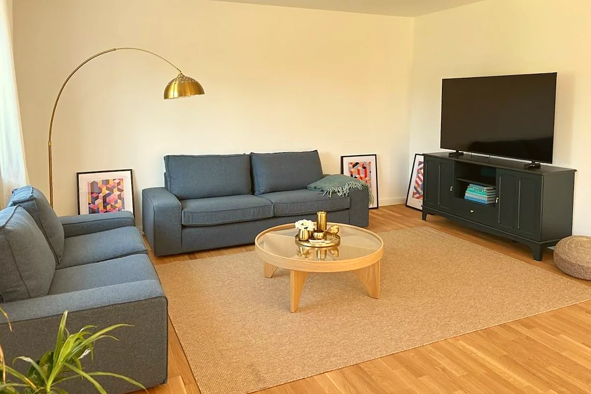 Helles Wohnzimmer mit Sofas und Flachbild-TV